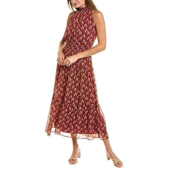 Taylor Dress Womens Size‎ 10 Red Midi Halter Ikat Tiered Flowy Pleated Ruffle - Picture 1 of 16